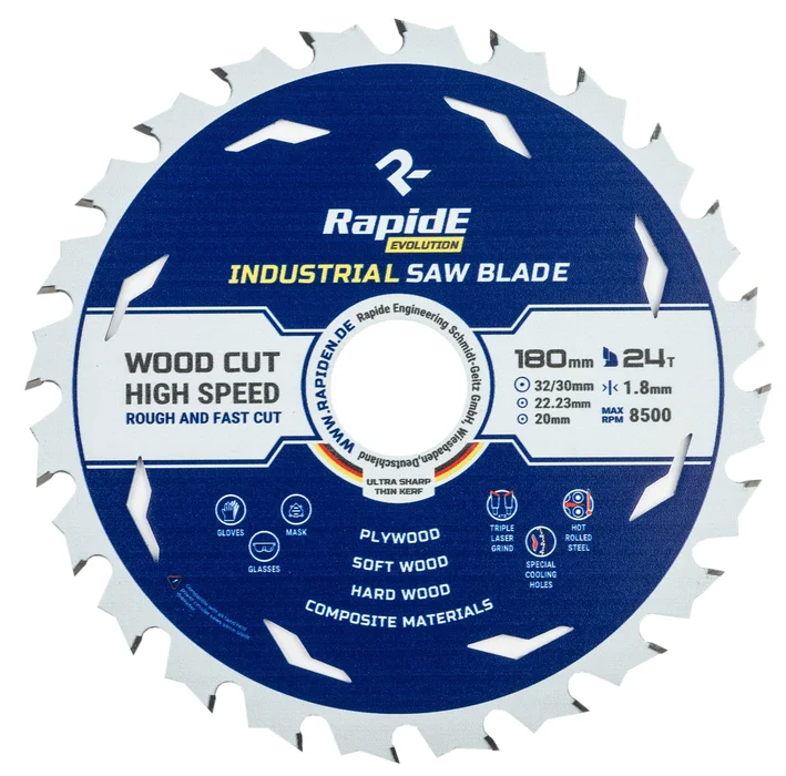 Диск пильний RapidE INDUSTRIAL TCT SAW по дереву з твердосплавними напайками 125x22.2 мм, 24 зуба (НФ-00001002)