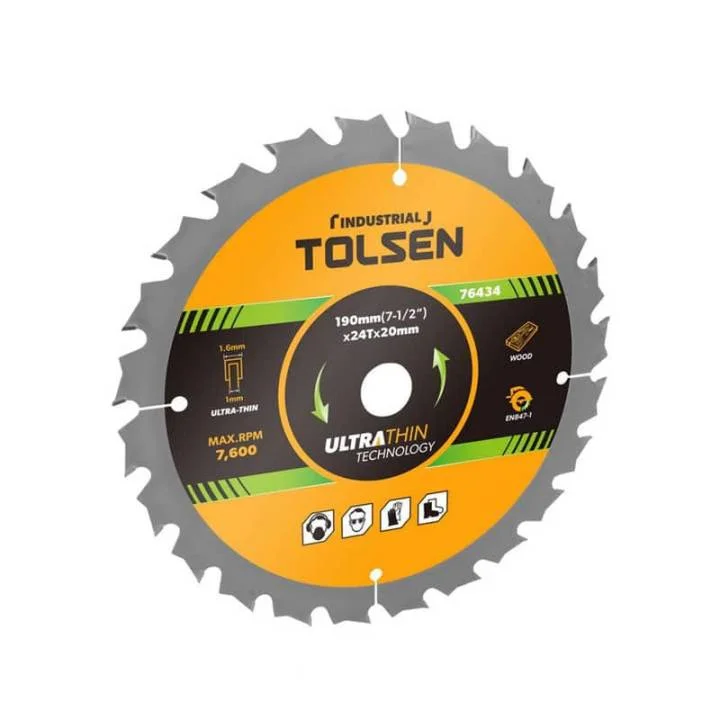 Диск пильний Tolsen по дереву з ТВС напайками UltraThin 190x20 мм, 24 зуба (76434)