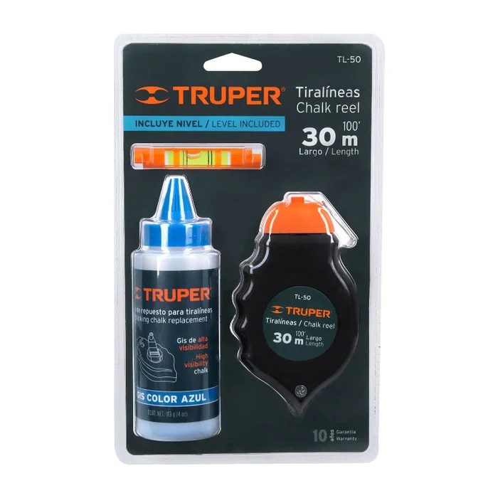 Набір розмітковий Truper TL-50: шнур 30 м з рівнем та крейдою синьою 113 г