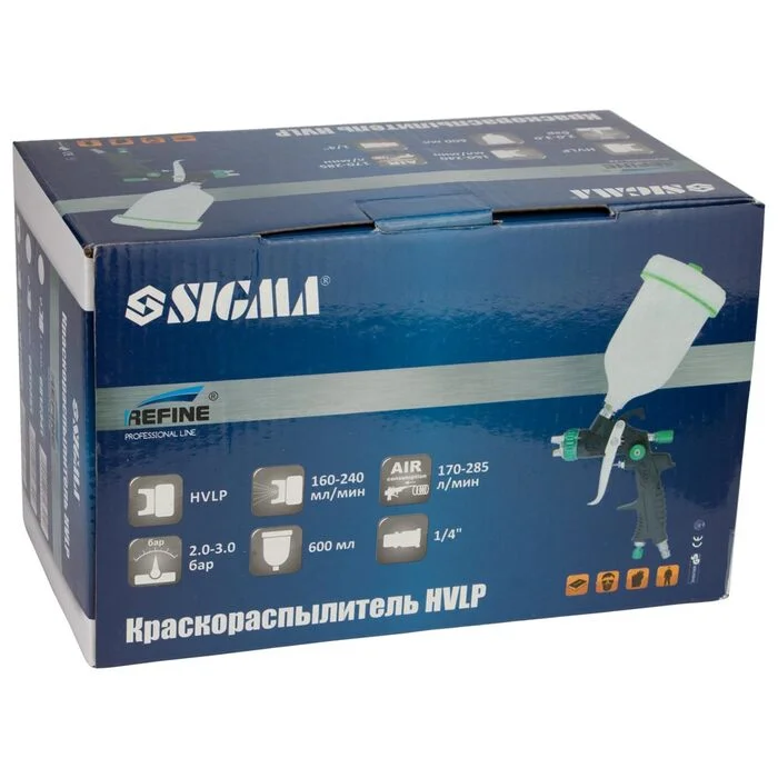 Фарборозпилювач Sigma Refine HVLP Ø0.8 мм, 60–170 л/хв, 1.5–2 бар, верхній пластиковий бак 100 мл (6812311)
