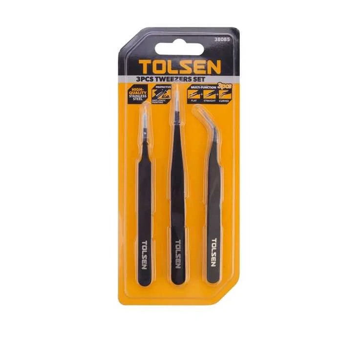Комплект пінцетів Tolsen 38085, 3 шт., нержавіюча сталь, антистатичне покриття
