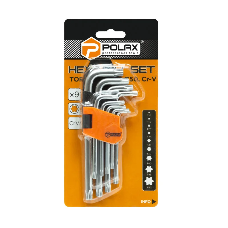 Набір шестигранних TORX ключів Polax Г-подібних, 9 предметів, Т10-Т50, Cr-V (25-007)