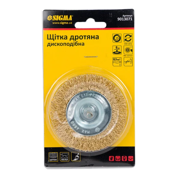 Щітка дротяна дископодібна для дриля SIGMA 75 мм, латуньована, хвостовик Ø6 мм (9013071)