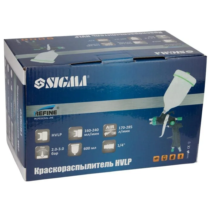 Фарборозпилювач Sigma Refine HVLP Ø1.0 мм, 60–170 л/хв, 1.5–2 бар, верхній пластиковий бак 100 мл (6812321)