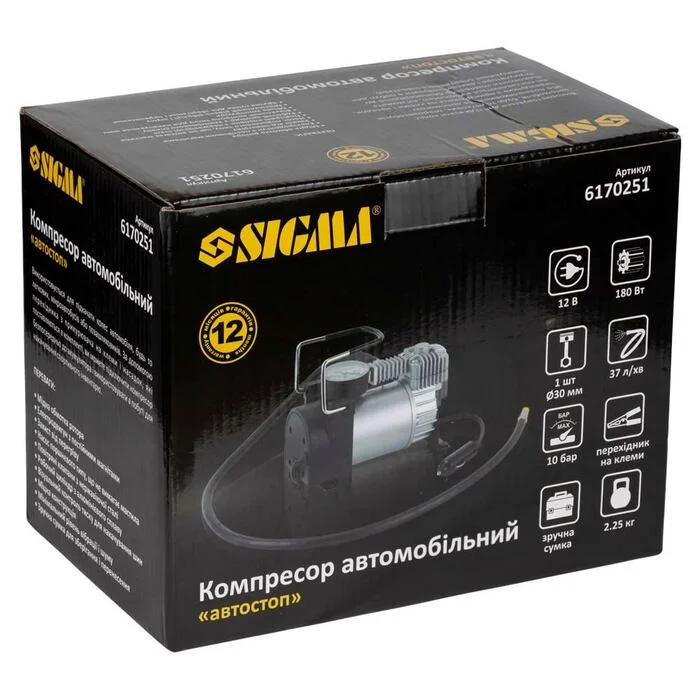 Автокомпресор Sigma 6170251, 12В, 180 Вт, 37 л/хв, 10 бар