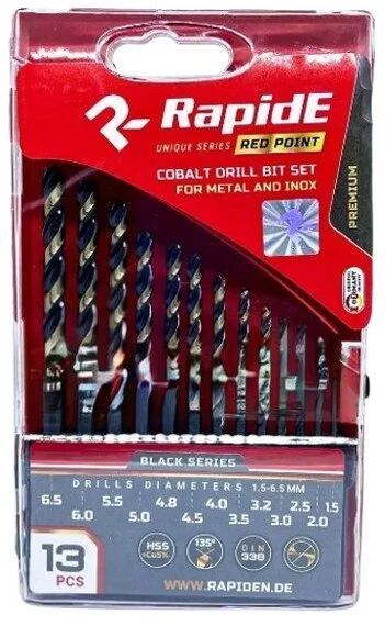 Набір кобальтових свердел по металу RapidE RED POINT Black Series 13 шт (1.5-6.5 мм) (НФ-00001598)