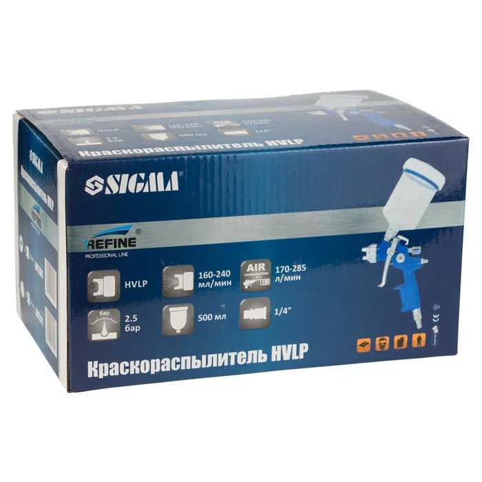 Фарборозпилювач Sigma Refine HVLP Ø1.4 мм, 170–285 л/хв, 2.5 бар, верхній пластиковий бак 500 мл (6812401)