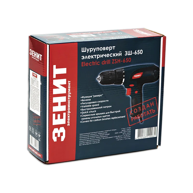 Шуруповерт мережевий ЗЕНИТ ЗШ-650, 650 Вт, самозатискний патрон 0,8-10 мм, 19+1 ступенів крутного моменту (842468)