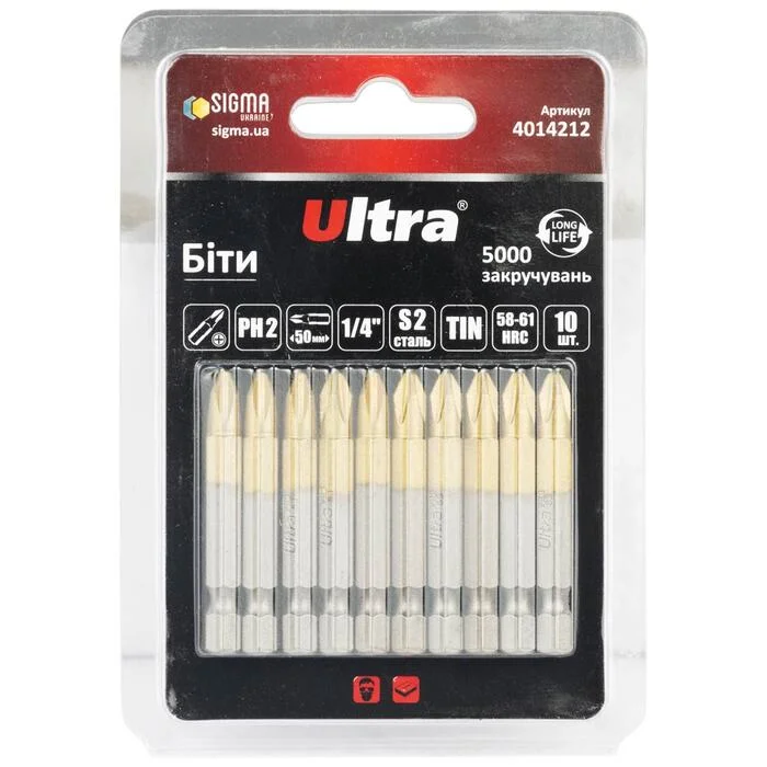 Набір біт ULTRA PH2×50 мм ¼", 10 шт, сталь S2 з TIN-покриттям, для професійного використання (4014212)