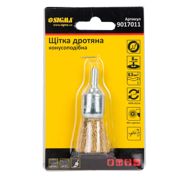Щітка дротяна конусоподібна для дриля SIGMA 17 мм, латуньована, хвостовик Ø6 мм (9017011)