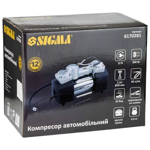 Автокомпресор Sigma 6170281, 12В, 300 Вт, 60 л/хв, 10 бар