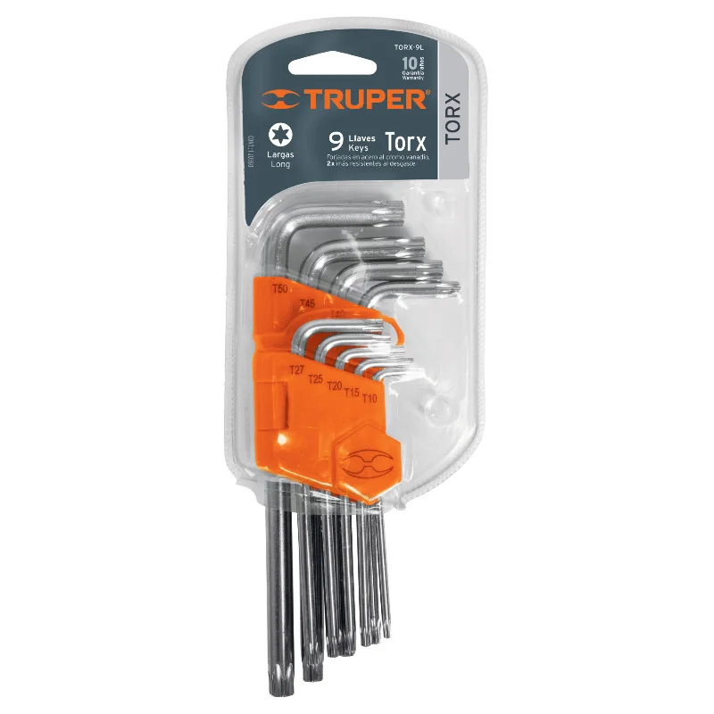 Набір ключів Torx Г-подібних подовжених Truper, 9 шт (T10–T50), CrV, касета (TORX-9L)
