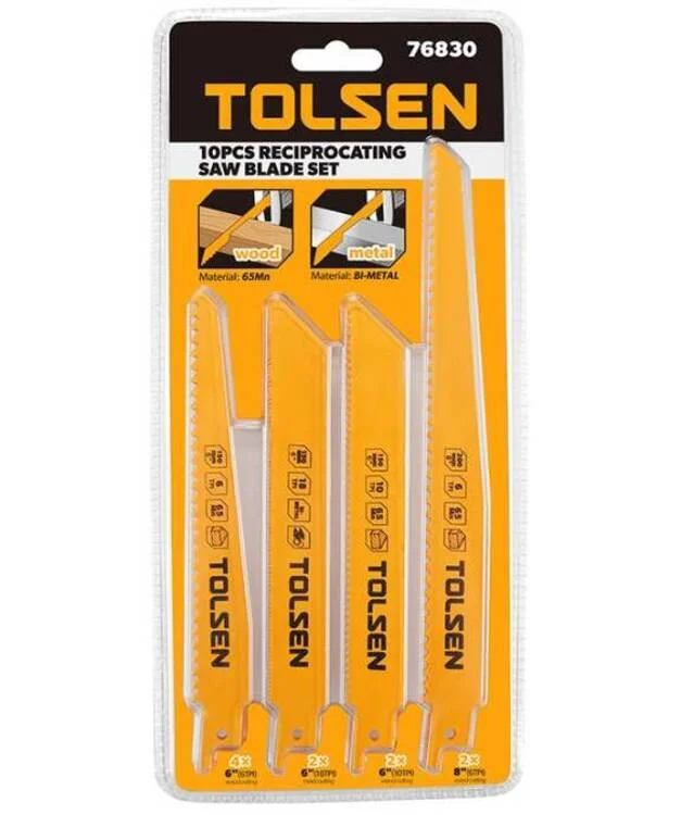 Набір сабельних пилок Tolsen 76830, 10 шт, для дерева та металу, 6"–8", 6/10/18 TPI, HSS + 65Mn